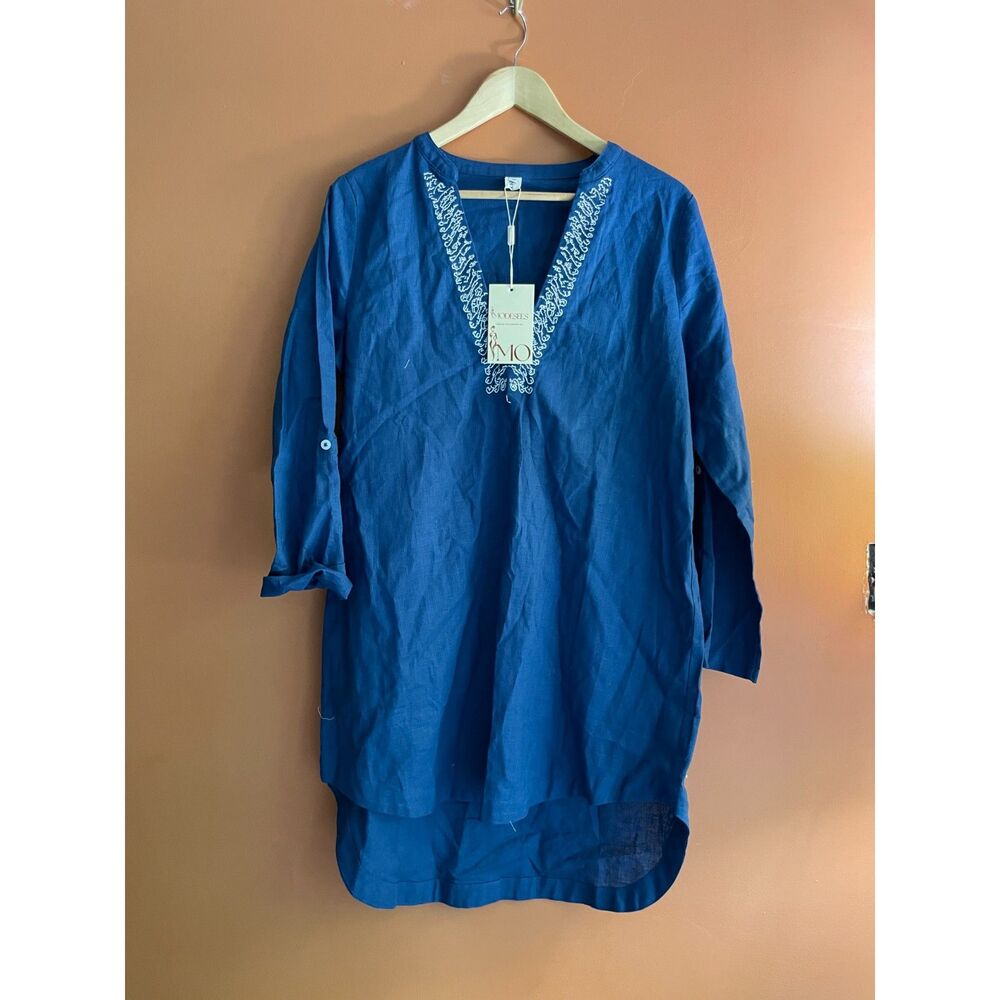 Modesees Blue Embroidered Linen Blend comfy Tunic boho Tab Sleeve blouse L NWT